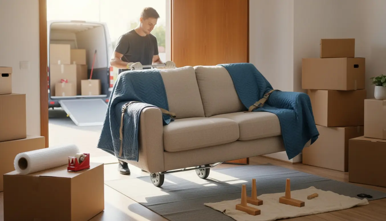 To personer bærer en 2-personers sofa gennem en lejlighedsentré mod en ventende flyttebil, med flyttetæpper og håndtralle.