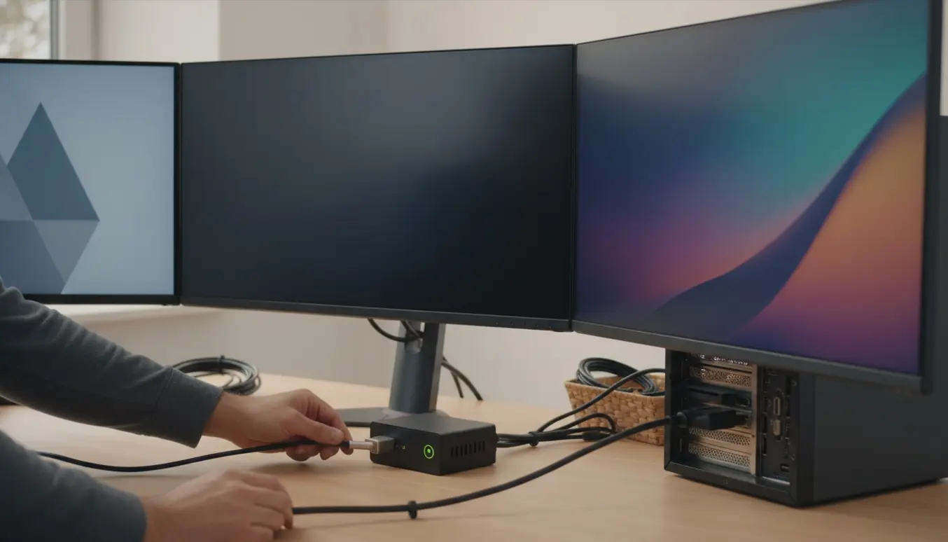 Hænder tilslutter HDMI- og DisplayPort-kabler mellem en PC, en skifteboks og tre skærme på et ryddeligt skrivebord.