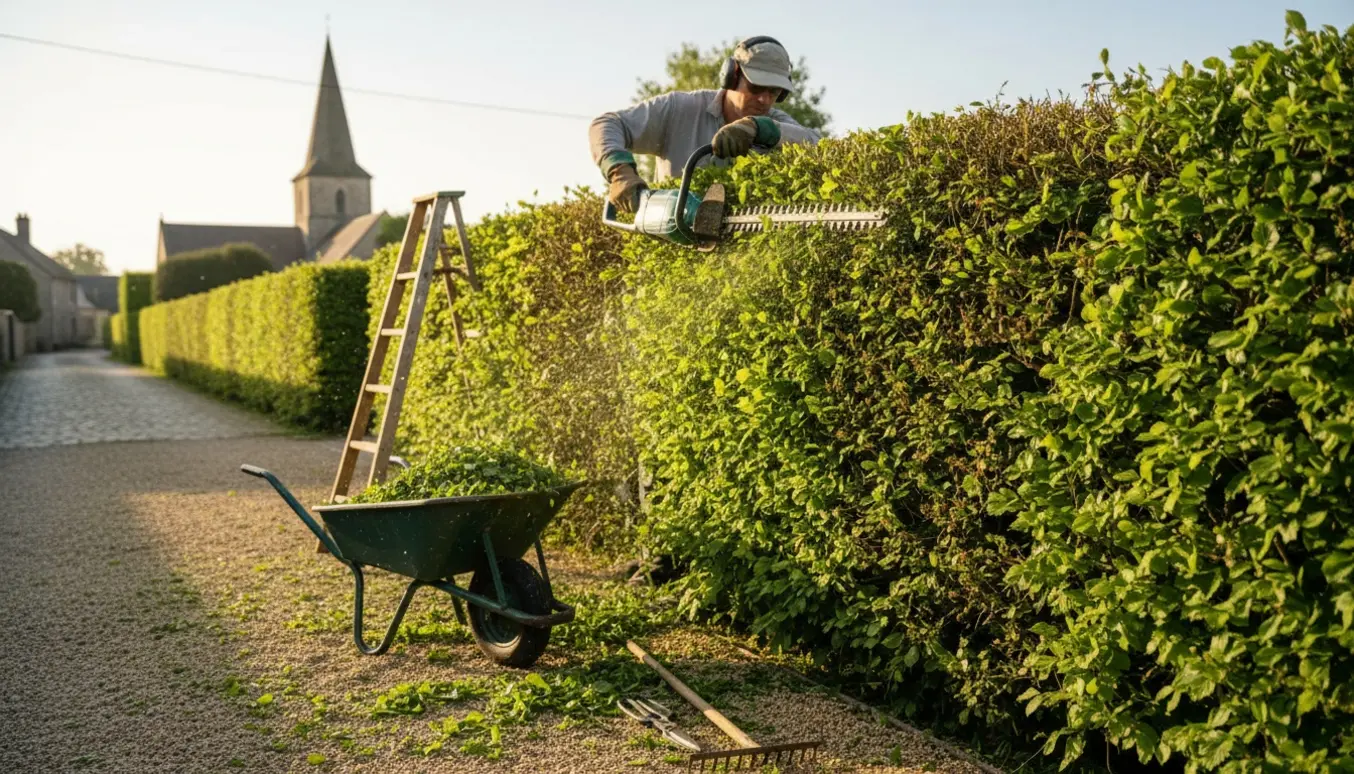 Person klipper en lang bøgehæk med elektrisk hækkeklipper, friske afklip i en trillebør på stien.