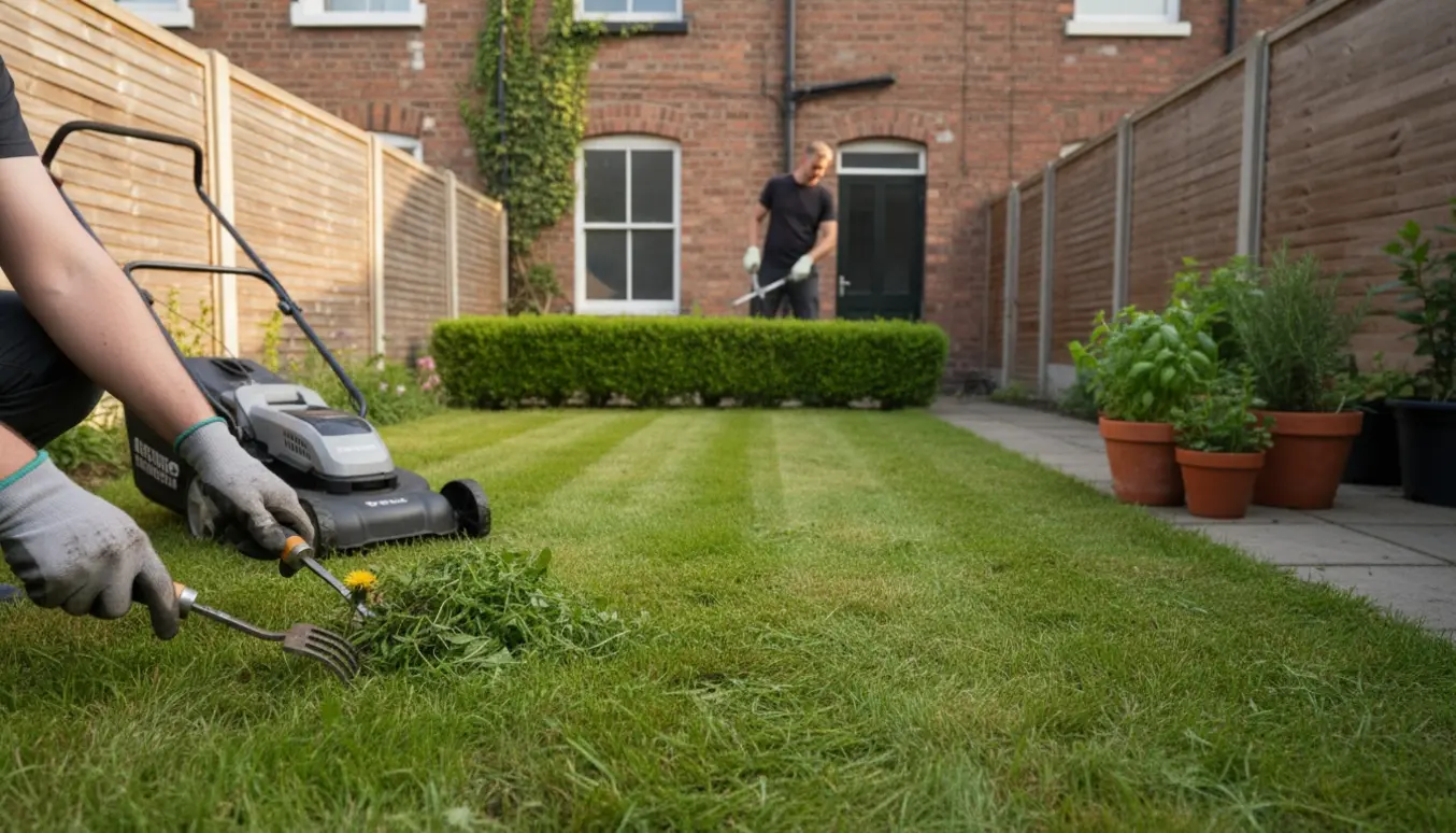 Lille byhave med haveredskaber, nyslået græs og en nyklippet hæk.