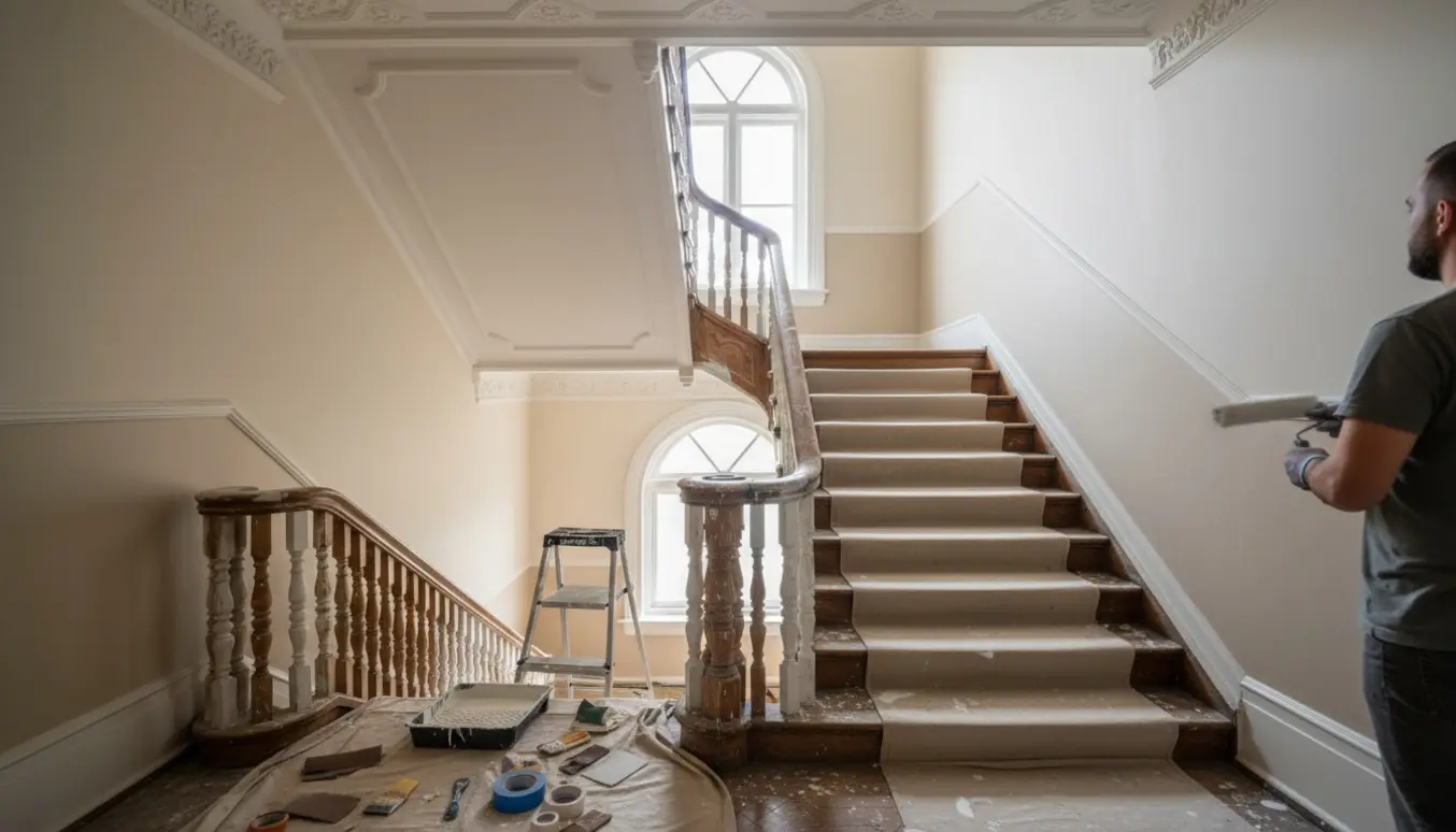 En trappeopgang fra 1920'erne under maling med malerbøtter, afdækningsduge og en maler set bagfra.