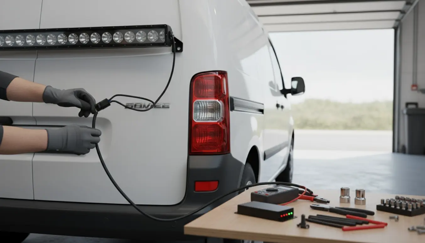 Nærbillede af handsker, ledninger og værktøj ved montering af baglys og LED‑bar på en varevogn.