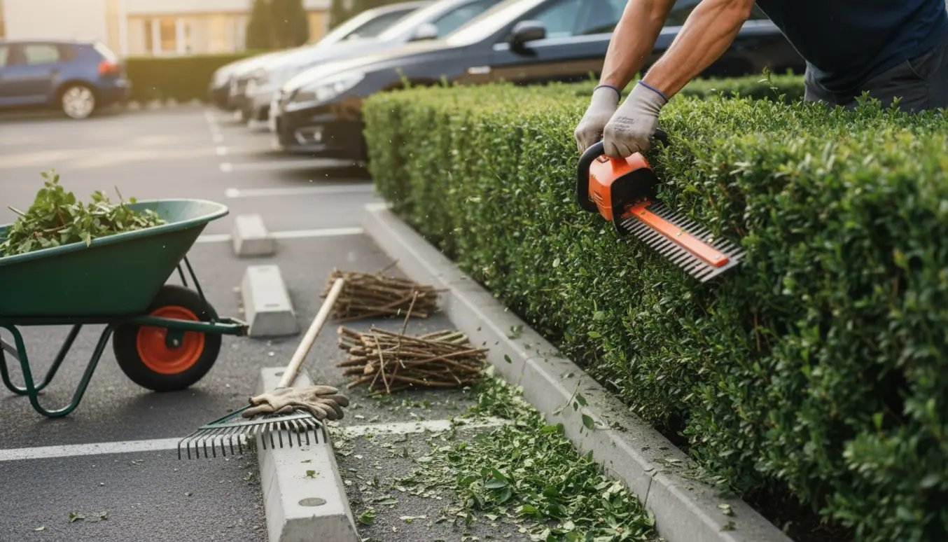 Handskerede hænder klipper en tæt hæk ved en fælles parkeringsplads med afklip i en trillebør.