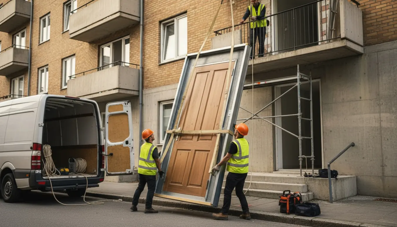 Arbejdere løfter en tung ny dør med karm op mod fjerde sal ved hjælp af stropper og talje.