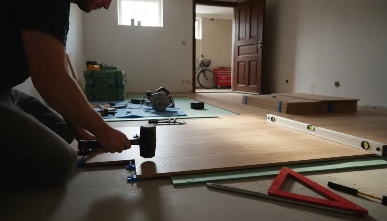 Tørt kælderrum under gulvrenovering med lys egetræs klikgulv delvist lagt og en håndværker set bagfra.