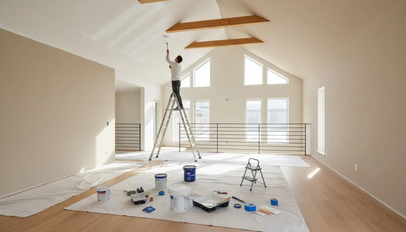 Tomt, solbelyst hus med en maler på stige, der maler loft til kip og vægge.