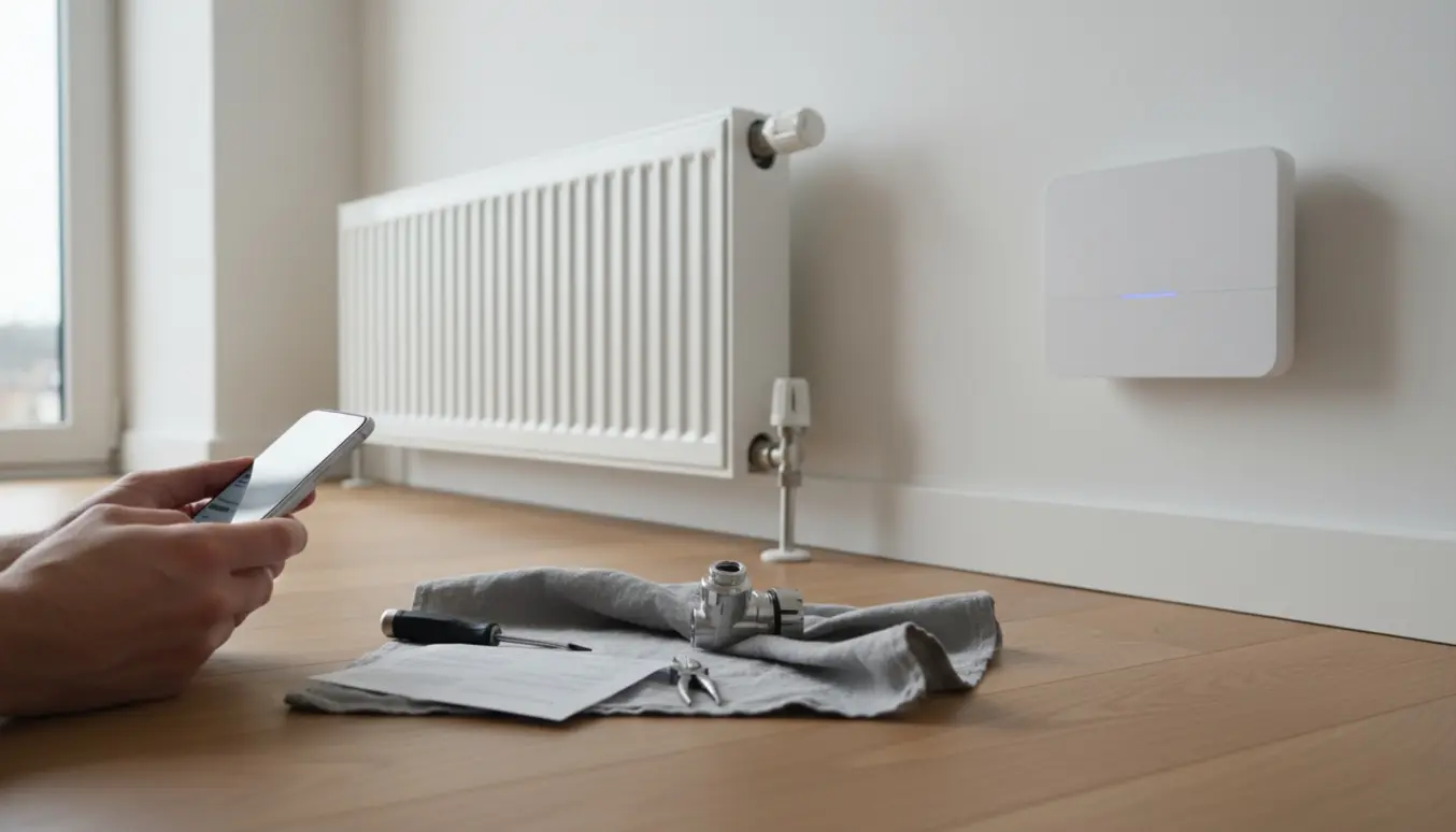 Hænder med smartphone foran en central controller og radiatorventiler under fejlsøgning.