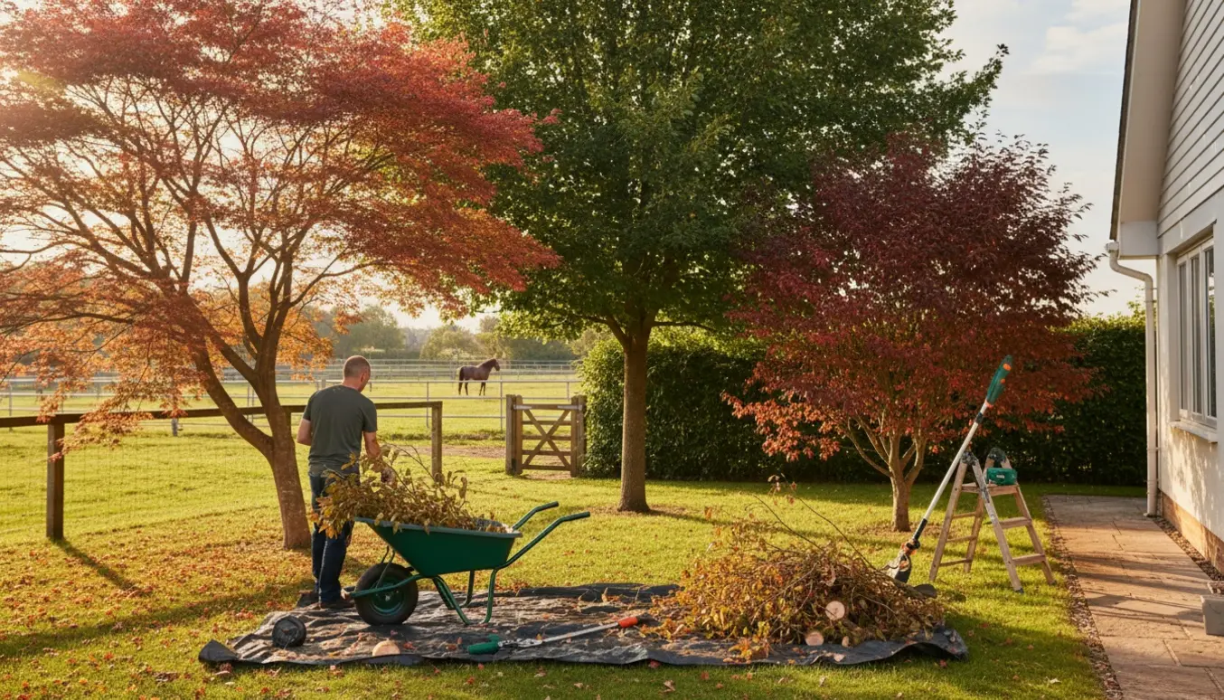 Haveejer beskærer tre træer nær huset, lægger afklippede grene i en trillebør ved en åben låge mod hestefolden.