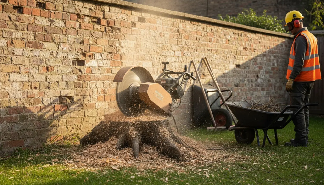 En stubfræser fjerner en træstub langs en mur med træflis omkring, og en arbejder i sikkerhedsudstyr set bagfra.