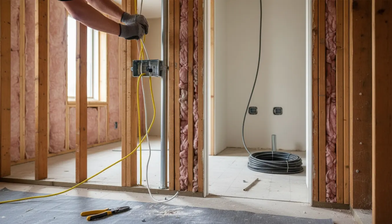 Soveværelse med eksponerede vægge og en elektriker, der omlægger kabler, og et badeværelse under renovering med nye stikkontakter.