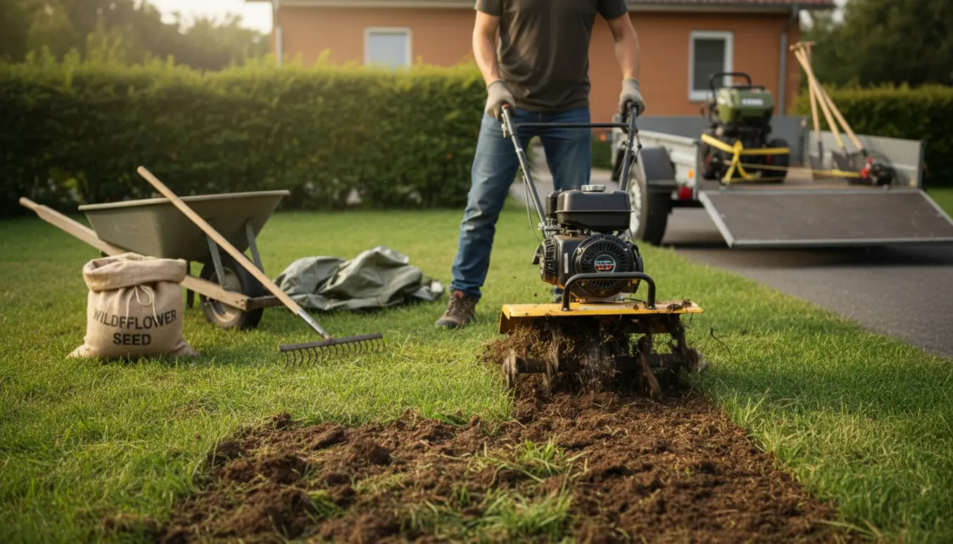 En plæne bliver fræset op til en vildeng med en fræser og trailer i baggrunden, uden tydelige ansigter.