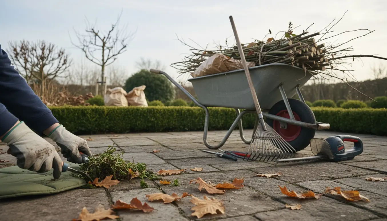 Hænder i handsker fjerner ukrudt mellem fliser med en trillebør fuld af beskårne grene og en nyklippet hæk i baggrunden.