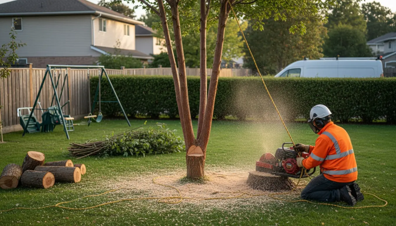 Professionelt fældningsarbejde af et ahorntræ med delvist skåret stamme og rodfræser i en forhave.