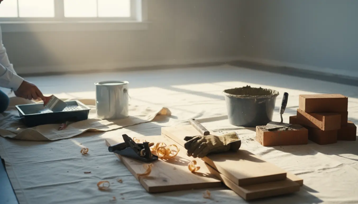 Nærbillede af værktøj til tømrer, maler og murer i et oplyst rum, klar til opstart.