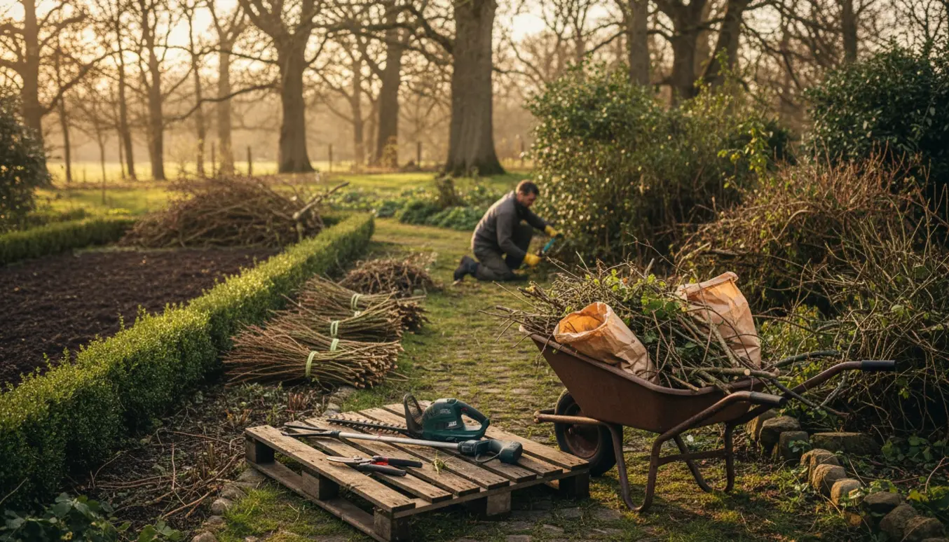 En overgroet lille have bliver ryddet med grensakse, rive og trillebør, mens træerne får lov at stå.