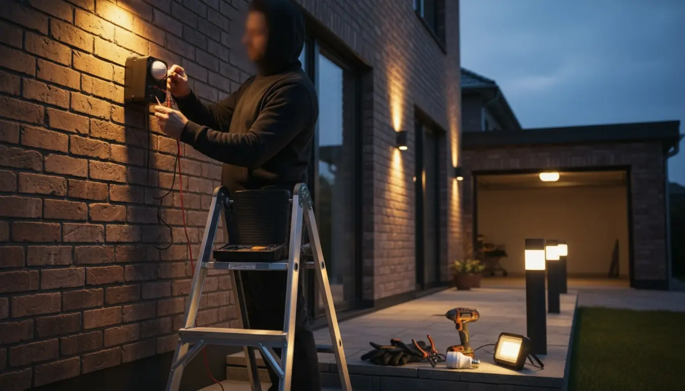 En tekniker tester en udendørs lampe fra en stige ved skumring, med tændte lamper og en ubelyst garageloftslampe i baggrunden.