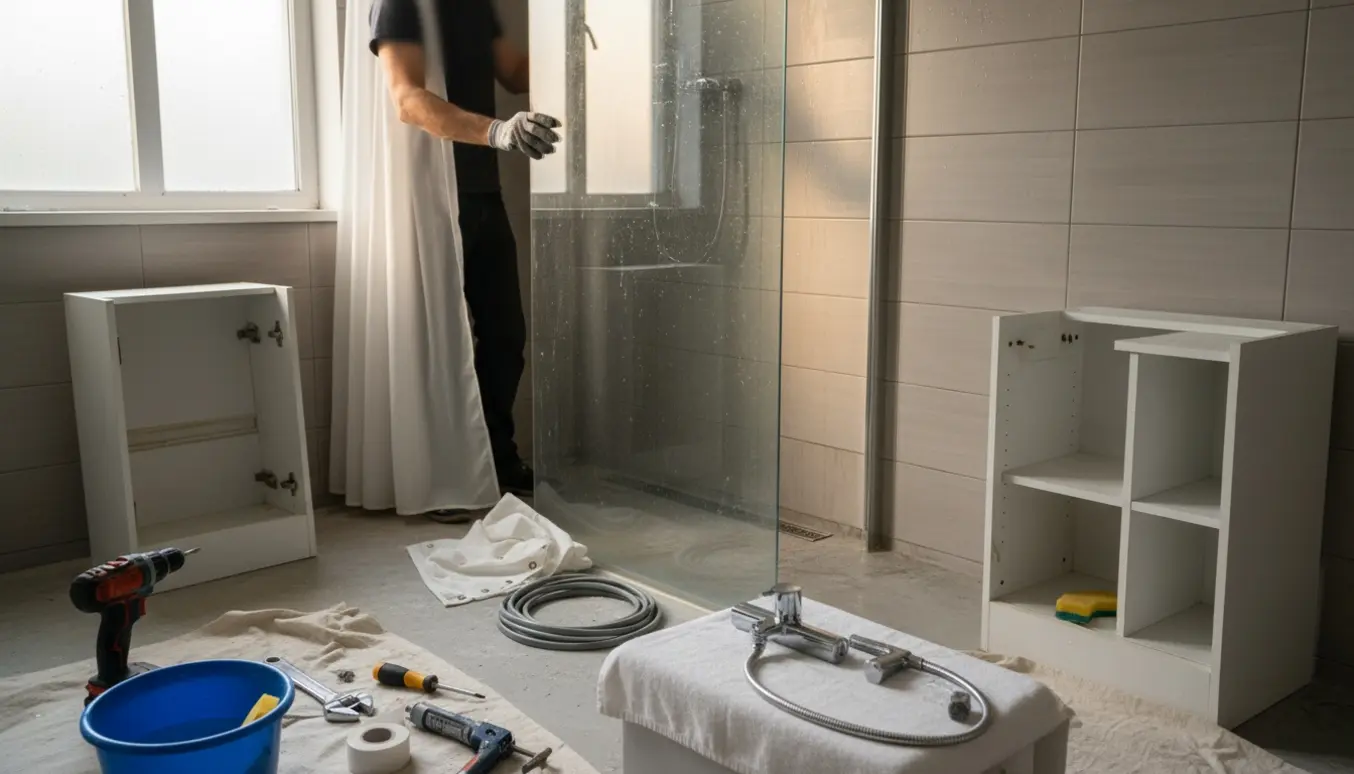 Midt i et badeværelsesrenovering ses en ny glasskærm, værktøj og et fjernet fugtskadet hvidt melaminskab.