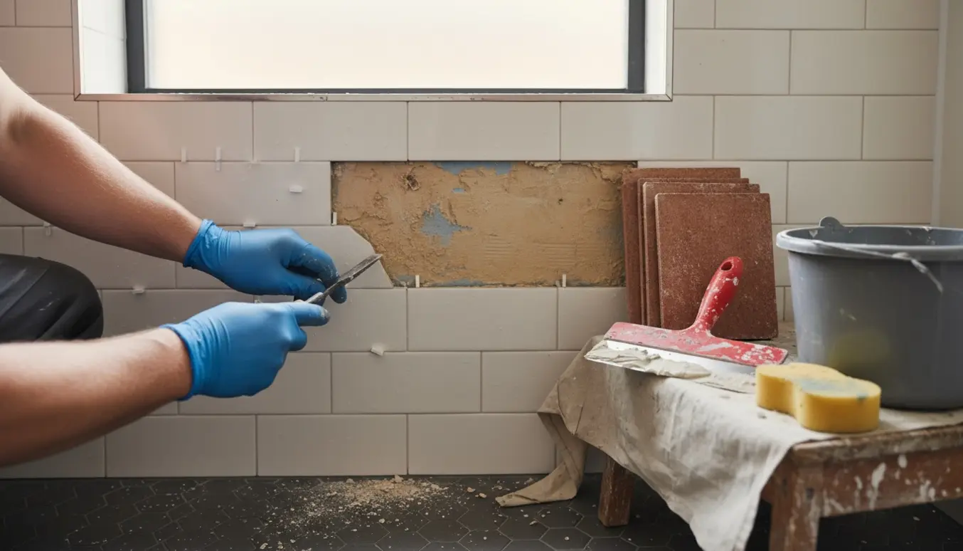 Nærbillede af udskiftning af en revnet flise i en bruseniche med nye klinker og værktøj.