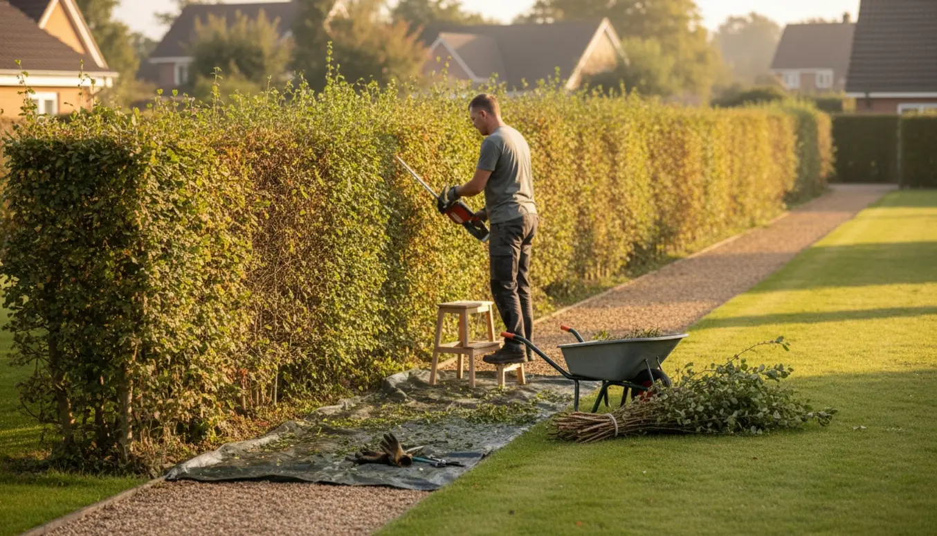 Toppen af en lang tjørnehæk bliver klippet med en elektrisk hækkeklipper, afklip samlet i trillebør.