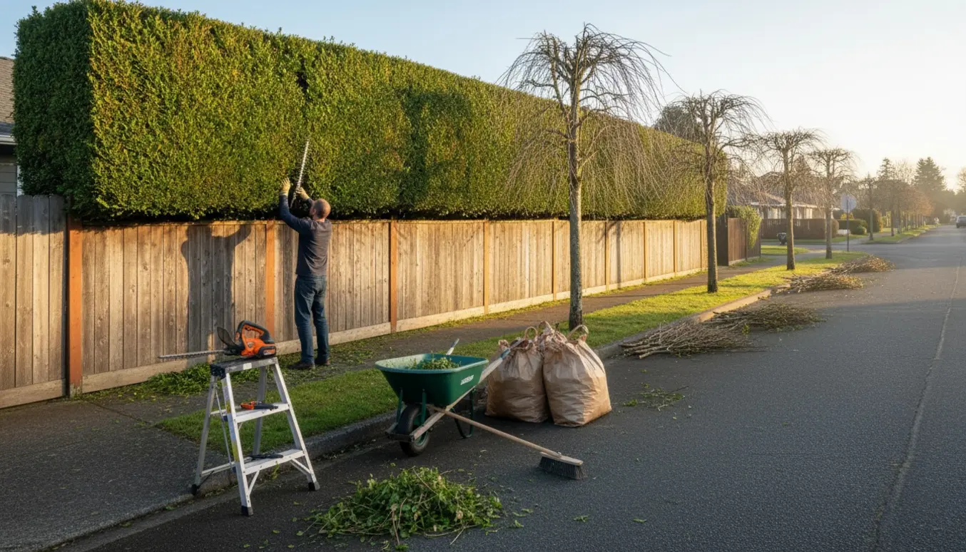 Person klipper hæk og rydder grene væk fra fortovet med værktøj og affaldssække ved siden af.