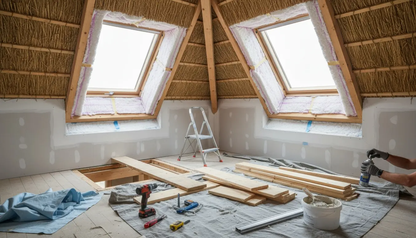 Indvendigt loft med to nye Velux-vinduer i stråtag, isolering, gips og en arbejdsplade over trappehullet.