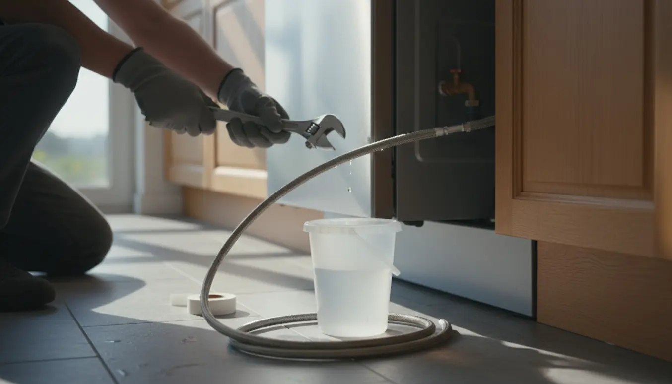 Hænder tilslutter en ekstra lang slange til bagsiden af en opvaskemaskine i et lyst køkken.