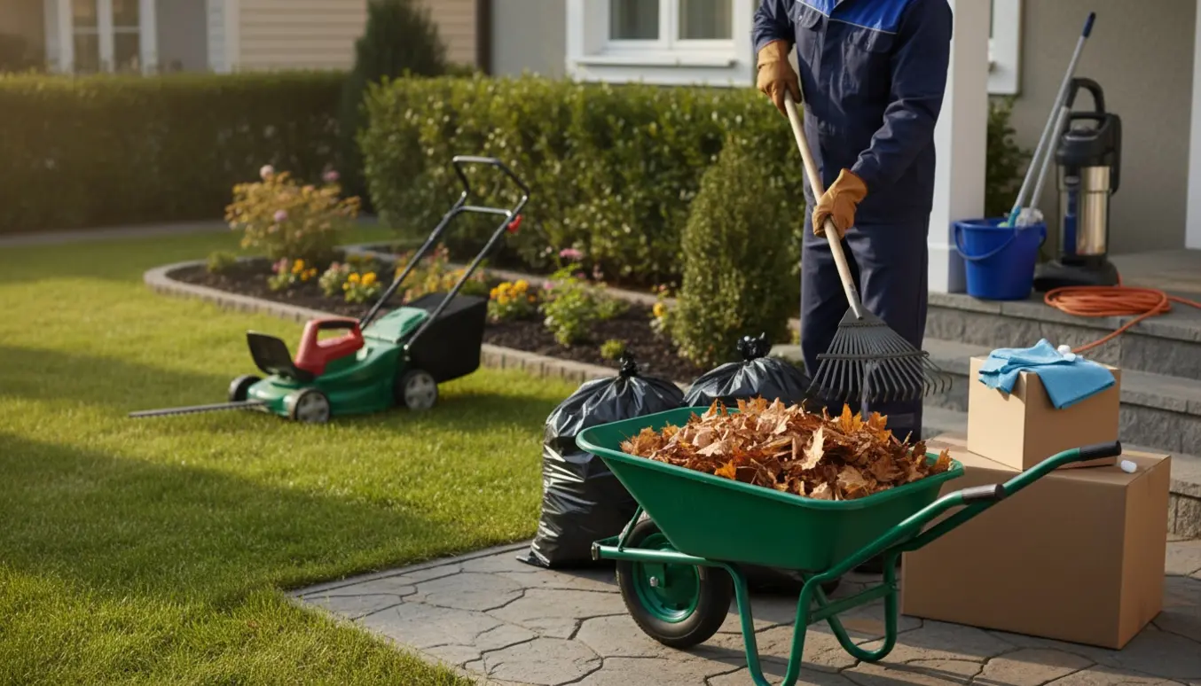Rydning af have og affald ved et parcelhus med rive, trillebør, sække og rengøringsudstyr klar ved døren.