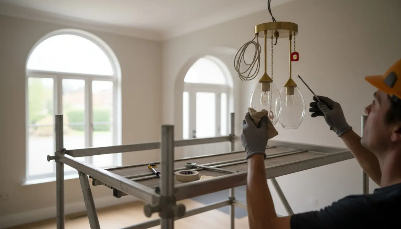 Installatør på stillads monterer en messinglysekrone med mundblæste glaspendler i en høj entre.