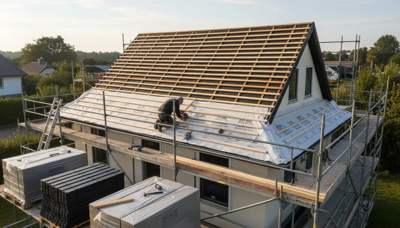 Tømrer arbejder på nyt ståltag på et hus med valmtag, med lægter, undertag og stillads omkring huset.