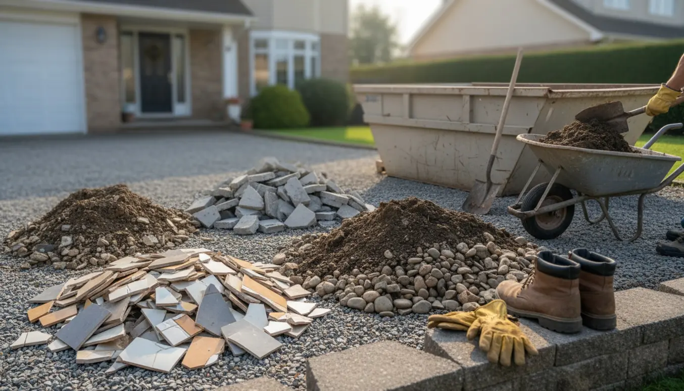 Bunker af fliser, beton, jord og sten i en forhave med værktøj klar til bortskaffelse.