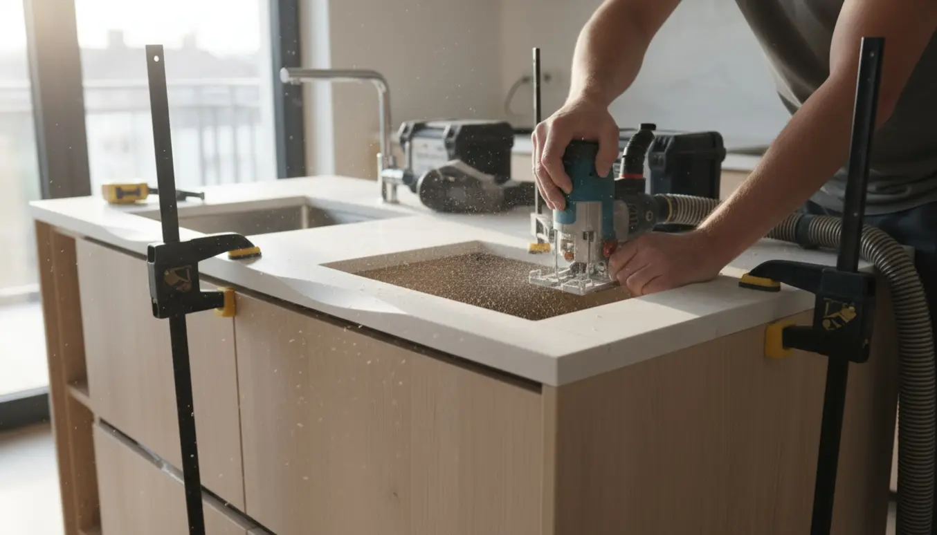 Tilpasning af 2 cm laminatbordplade med vandfaldskant og udskæring til induktionskogeplade i et køkken under montering.