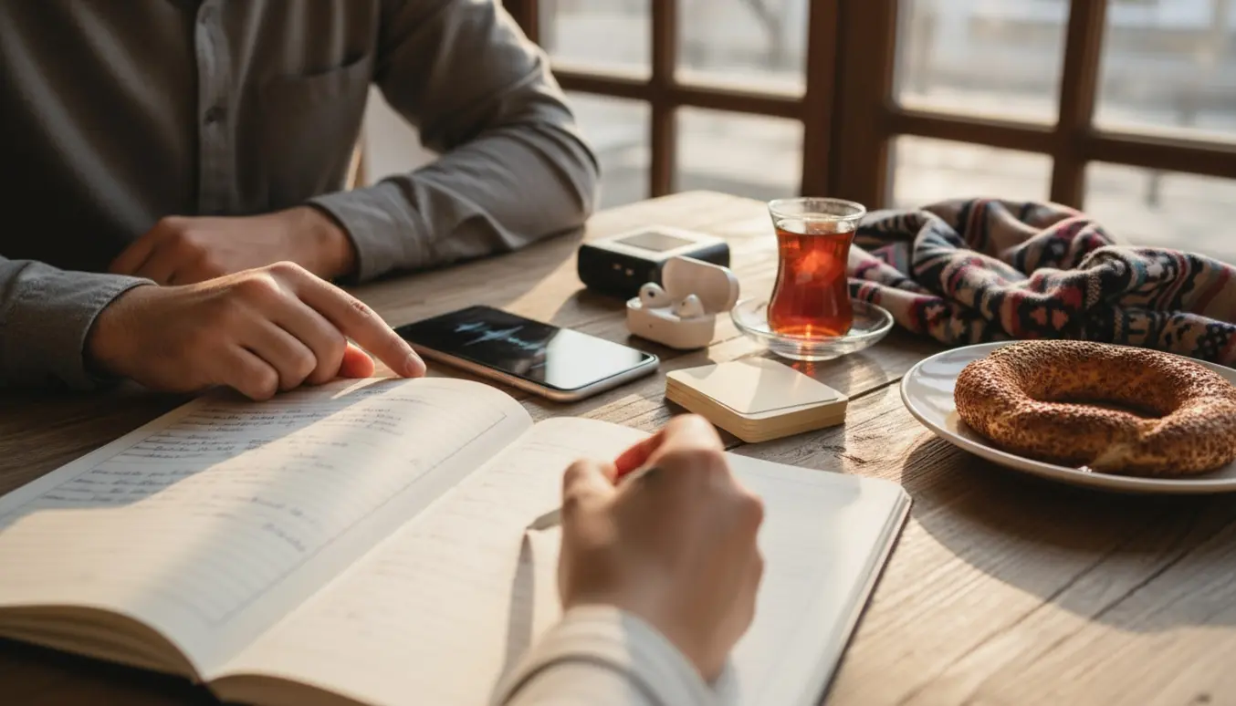 En mand og en elev øver tyrkisk ved et solrigt bord med notesbog, smartphone og en kop tyrkisk te.