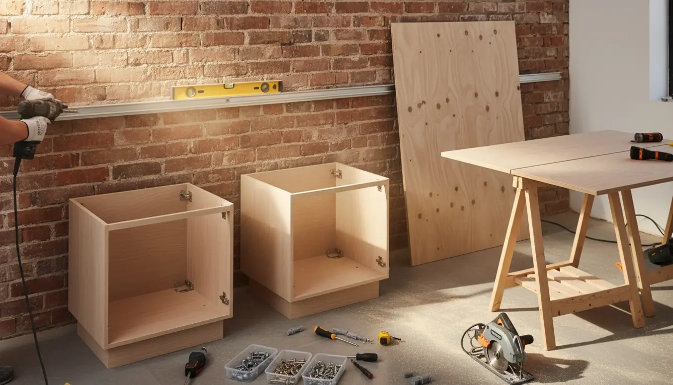 Montering af køkkenunderskabe og vægskinne på en murstensvæg med tilskårne finerplader og værktøj.