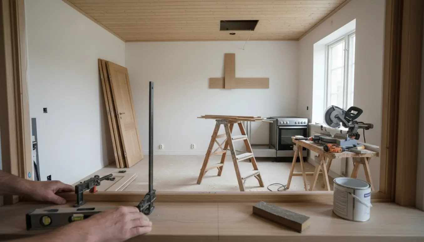 Stue og køkken under renovering med håndværkerhænder, nyt vindueskarm, hul i træloftet og monterede gulvlister i klart dagslys.