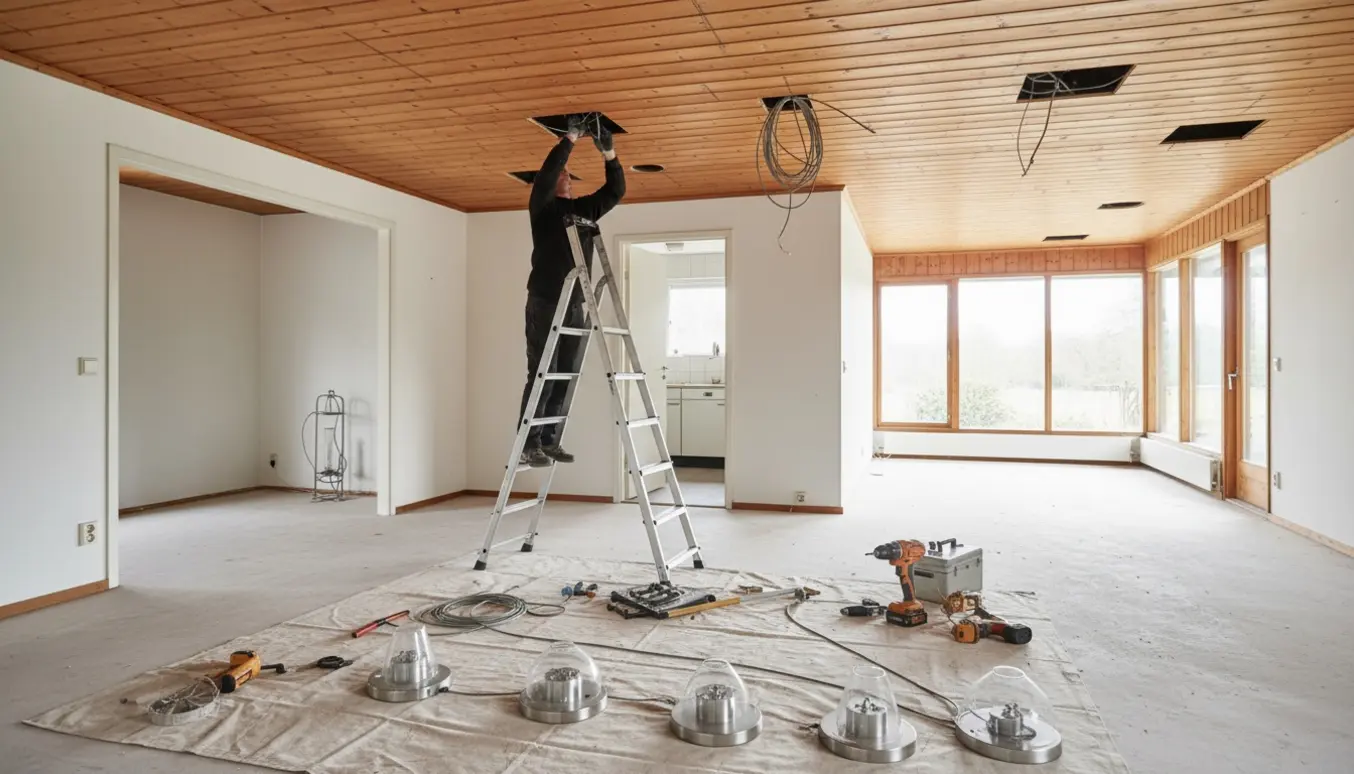 En elektriker på en stige trækker ledninger gennem et træloft i en tom 1970'er-villa med værktøj og lampehoveder lagt frem.