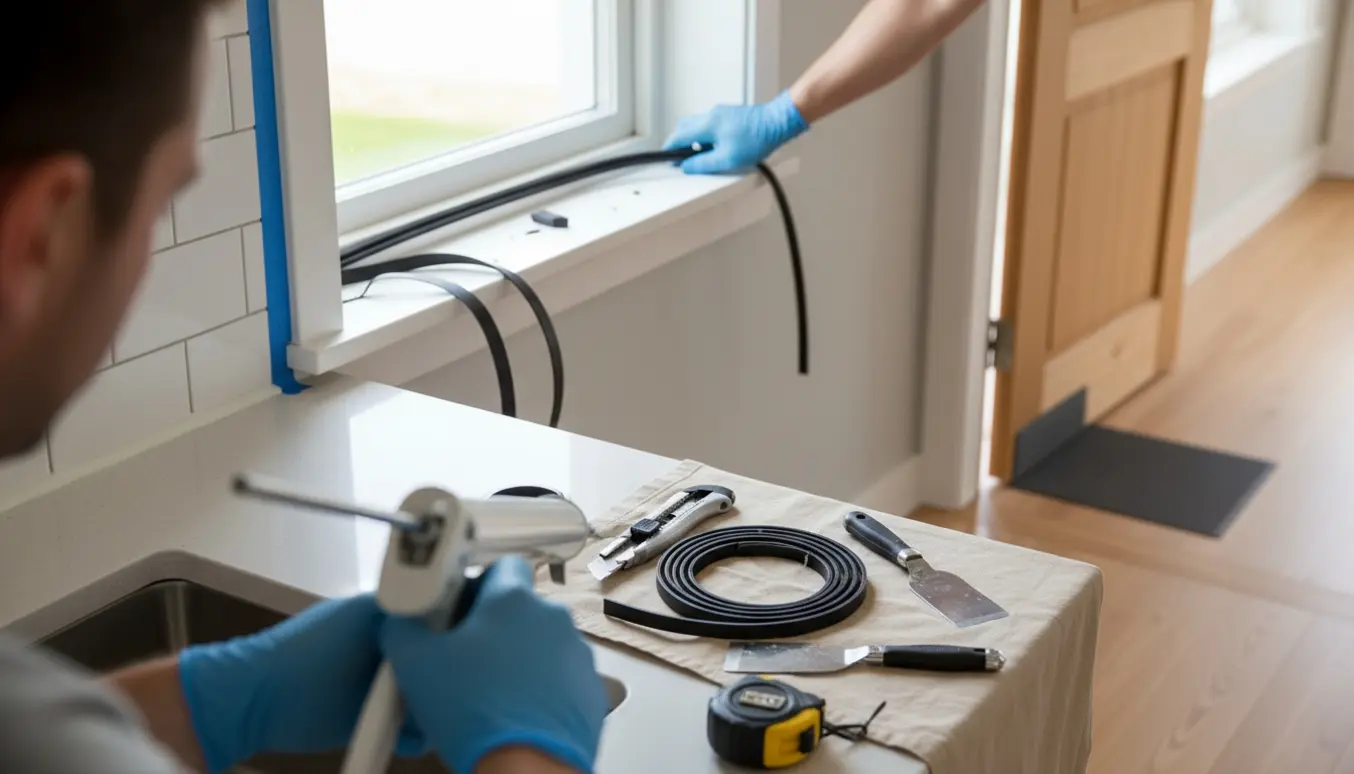 Hænder fuger et nyt køkkenbord og monterer tætningsliste ved et vindue med værktøj på et rent arbejdslærred.