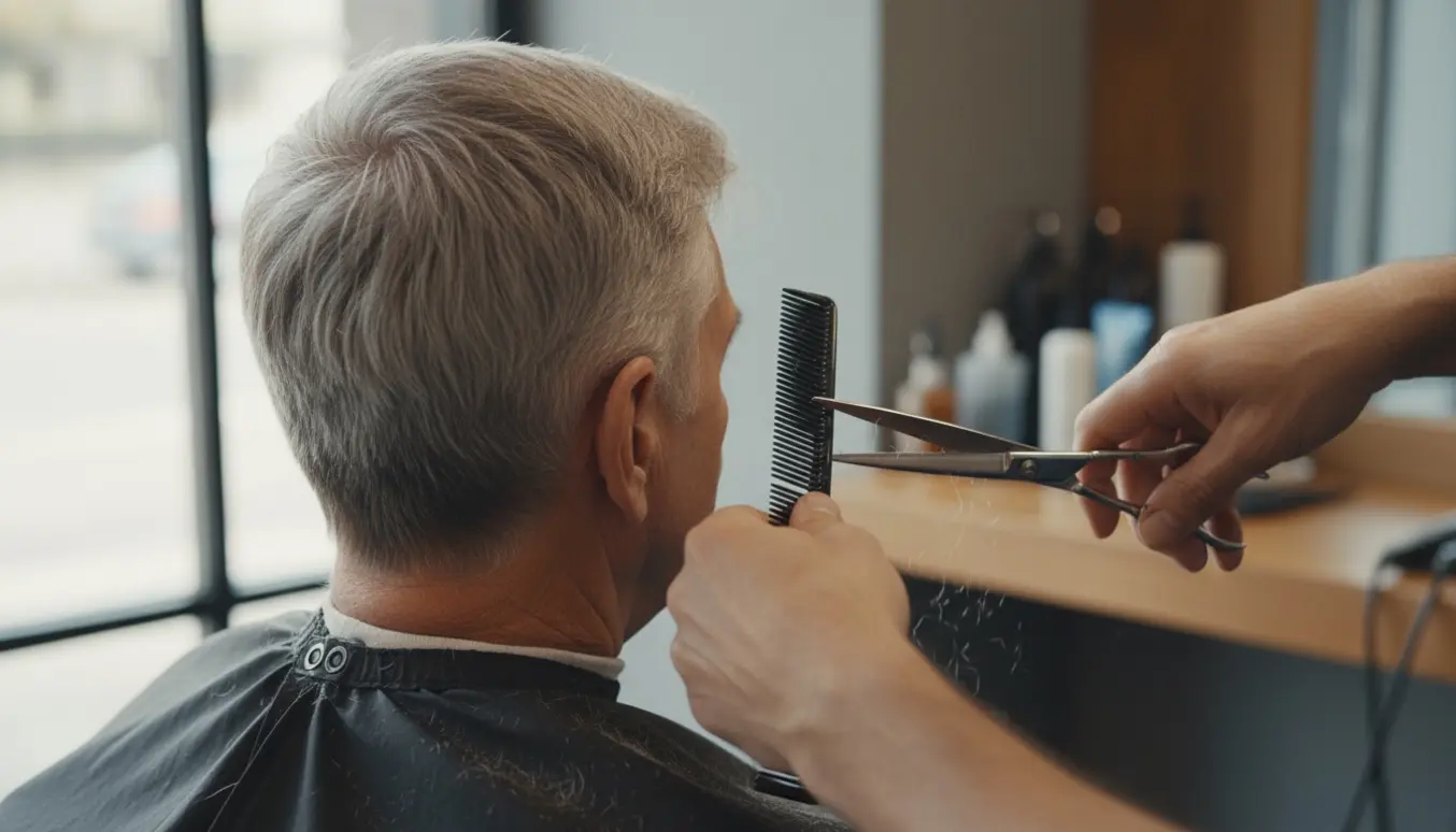 Nærbillede af en ældre mand med gråt kort hår, hvor en barber trimmer nakken i en lys, rolig herresalon.