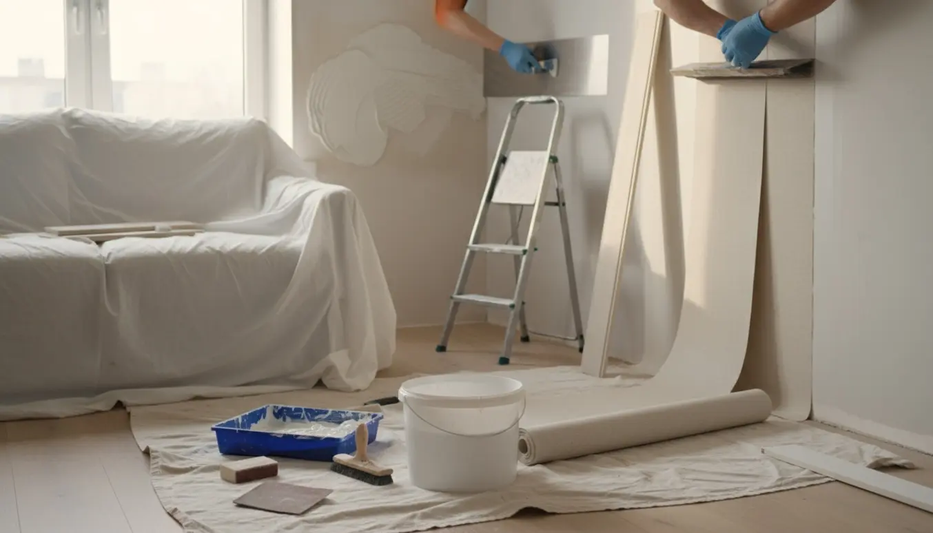 Stue på ca. 30 m² under fuldspartling og filt med værktøj og dækket sofa i naturligt dagslys.