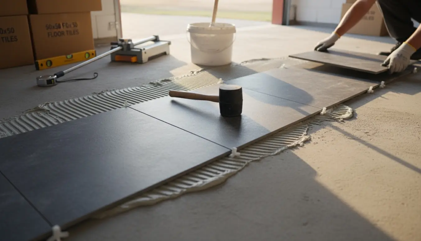 Garage med 50x50 fliser under nedlægning, fliseklæb og værktøj klar.