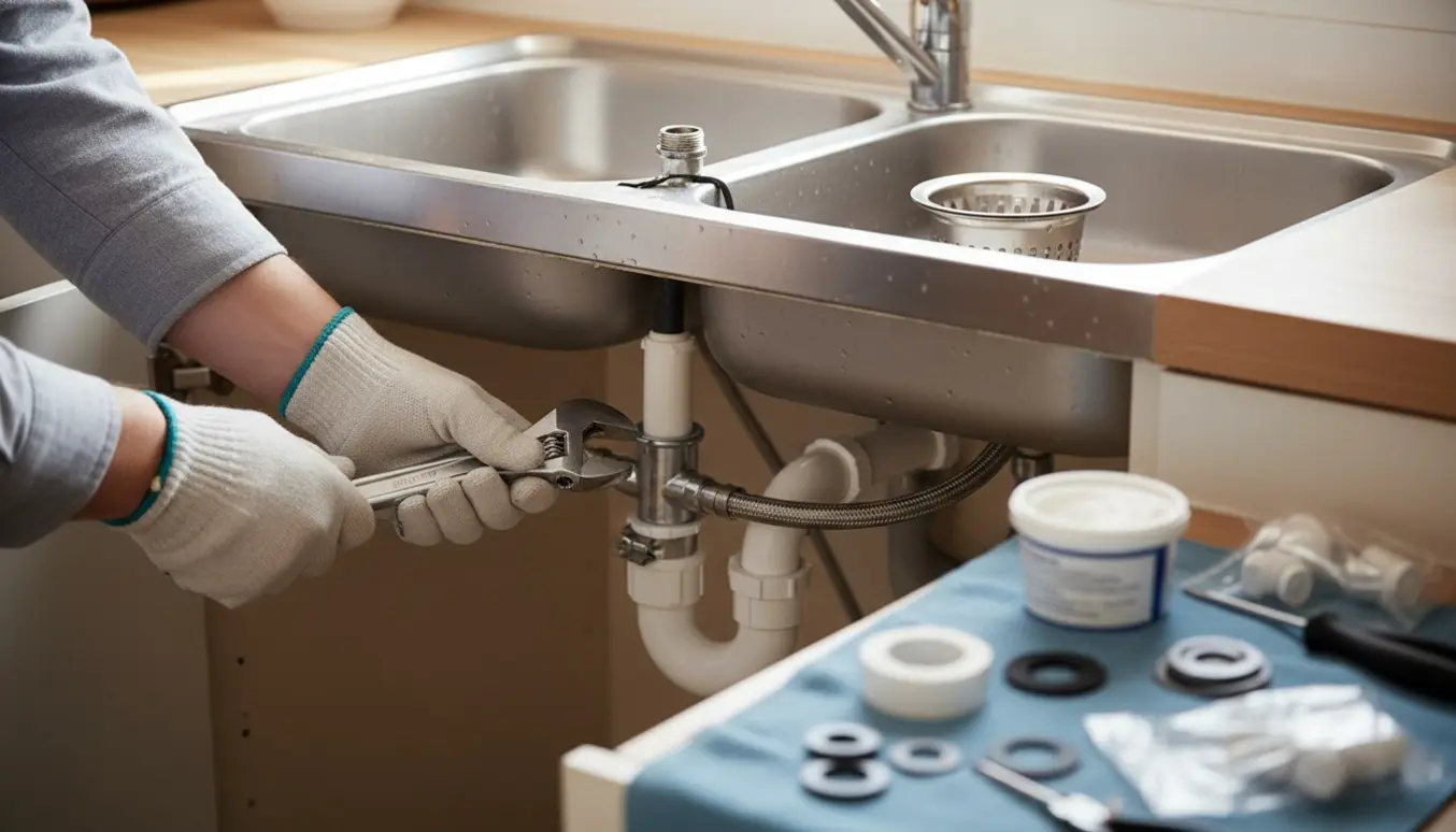 Person tilslutter nyt afløbssæt og opvaskemaskineslange til en ældre dobbelt køkkenvask.