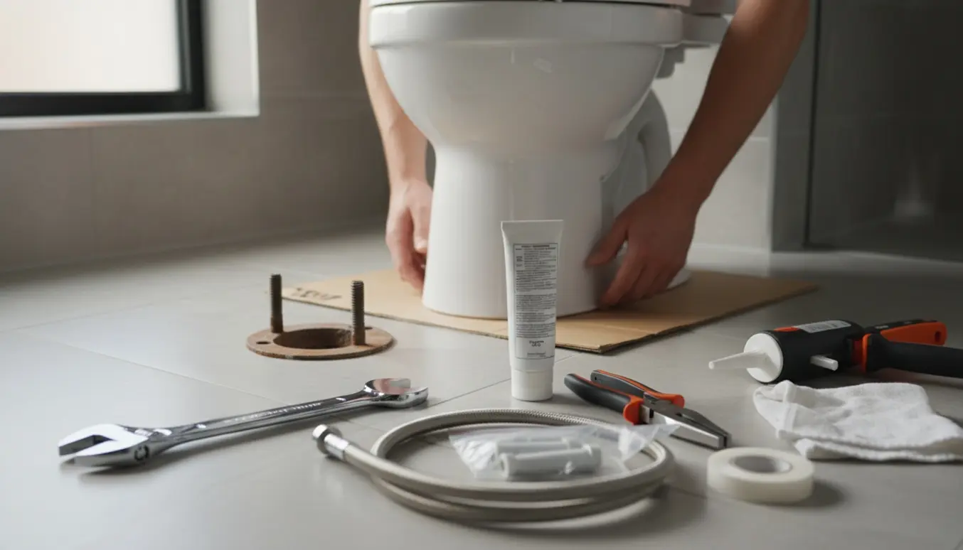 Et nyt toilet klar til montering i et badeværelse med værktøj, ny slange og silikone.