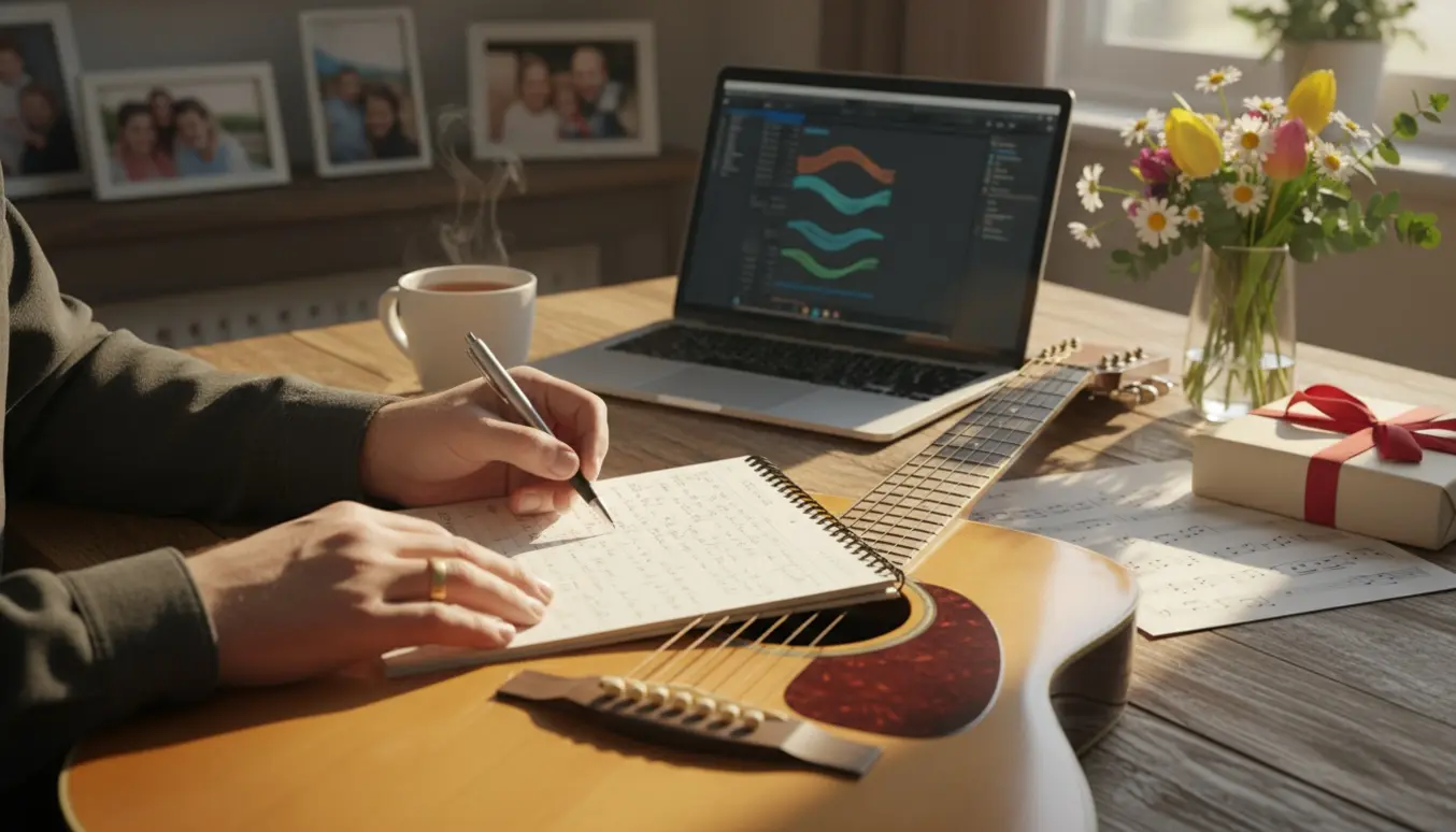Hænder skriver en hjertelig fødselssang ved et soloplyst bord med guitar, laptop og blomster.