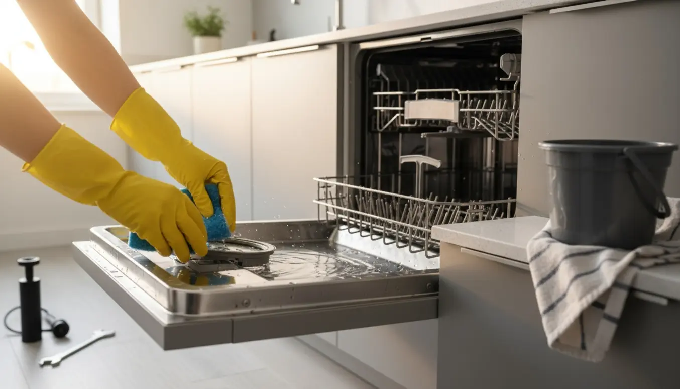 Åben opvaskemaskine med vand i bunden, filter fjernet og hænder iført handsker, der tørrer op med en svamp.