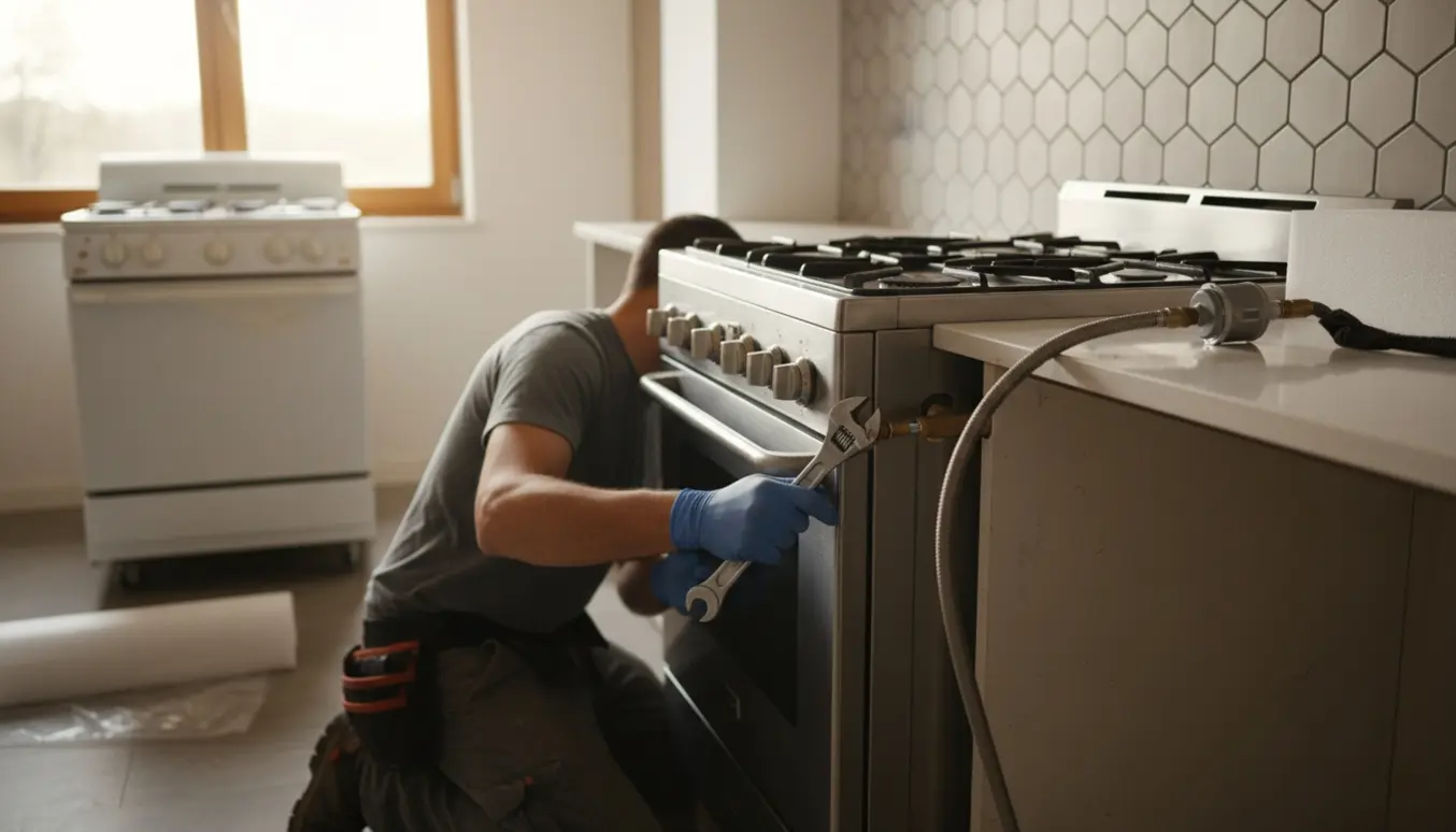 Tekniker justerer gasrør og regulator for at montere et nyt gaskomfur, mens det gamle komfur er skubbet væk.