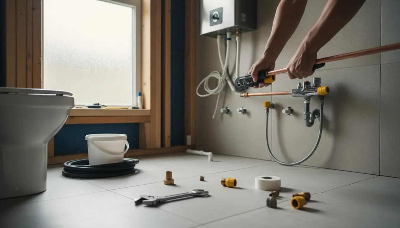 Badeværelse i kolonihave under renovering med rør, værktøj og en vægmonteret gennemstrømsvandvarmer.