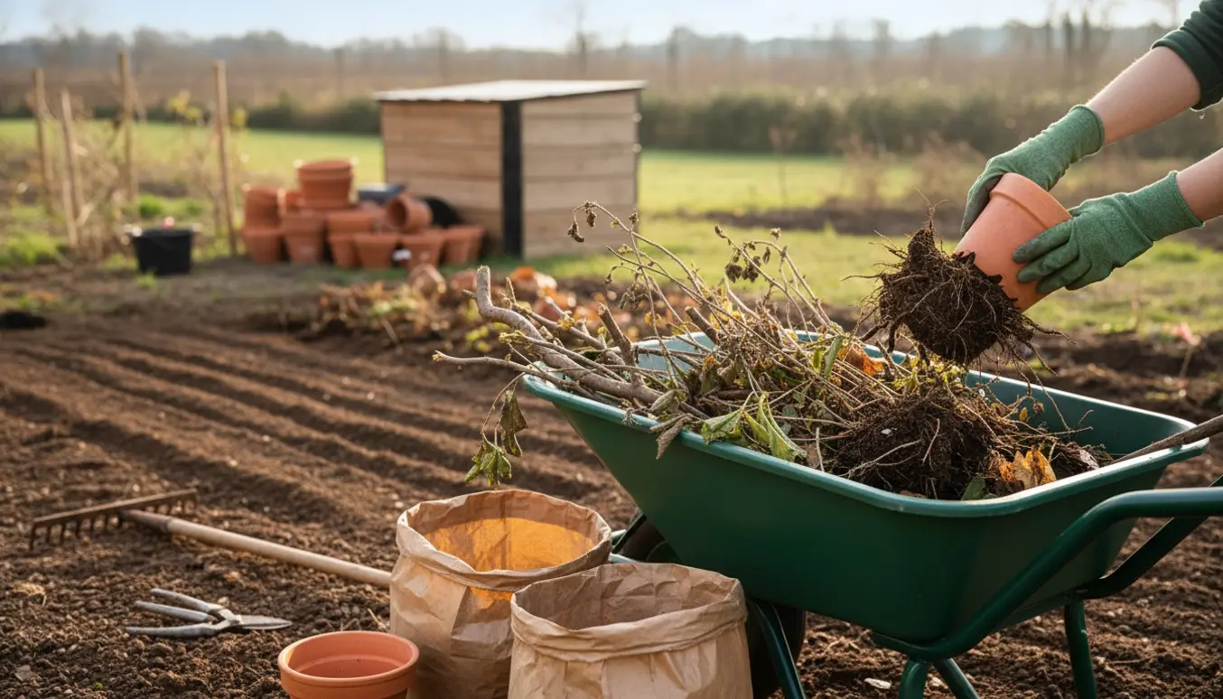 En person læsser haveaffald og gamle planter i en trillebør under oprydning.