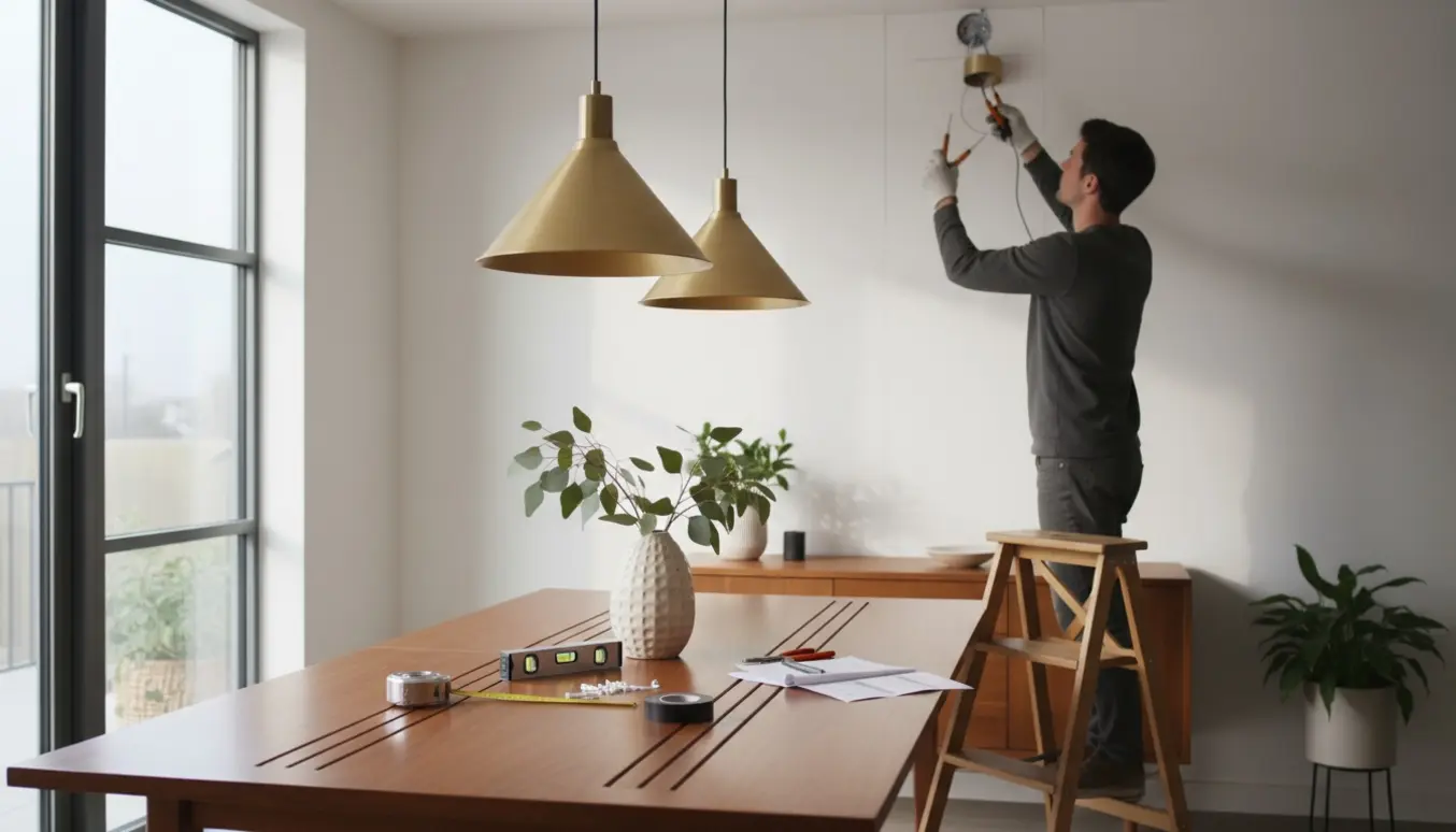 To pendler over et træspisebord under montering, med hænder på en stige og værktøj på bordet.