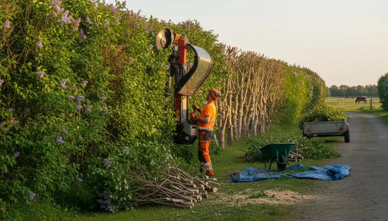 Lang række syrenbuske ved vejkanten bliver beskåret til cirka 2 meter højde med en stor hækkeklipper, og afskårne grene ligger stablet klar til fjernelse.