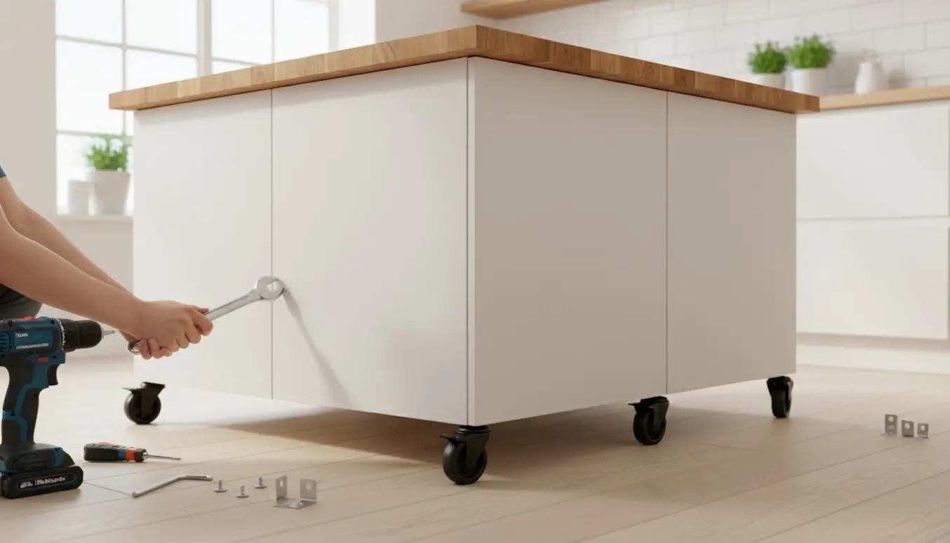 En nybygget køkkenø af to sammensatte skabe med bordplade og seks hjul, hvor hænder fastspænder et hjul i et lyst køkken.