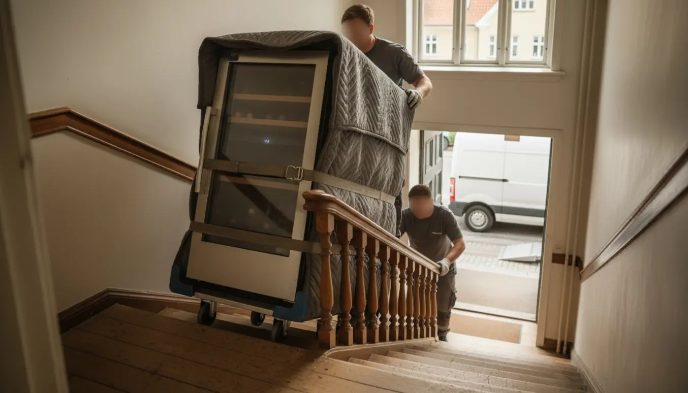 To flyttefolk bærer et tungt vinkøleskab ned ad en trappe mod en ventende flyttebil.